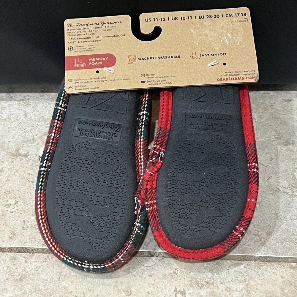 Dearfoams LIL BEAR Slippers Size 11-12 Blue White Red Plaid Child's Kid's‎ NEW